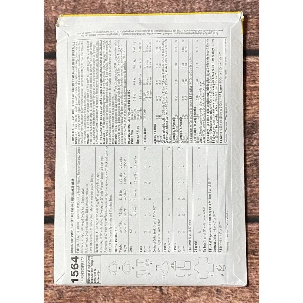 Simplicity Sewing Pattern 1564 Babies Top Pants Caplet Bib Blanket Sizes XXS-L